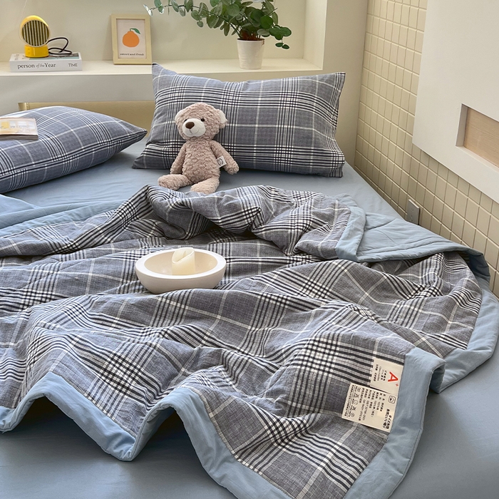 91家纺网 家纺一手货源 找家纺 春皖家纺 2026春夏新款全棉色织水洗棉夏被夏凉被空调被-云恋系列 云恋-格纹蓝