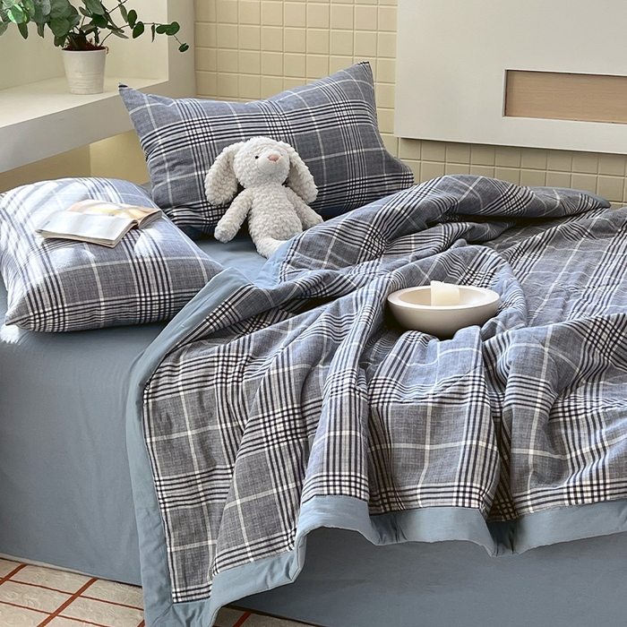 91家纺网 家纺一手货源 找家纺 春皖家纺 2026春夏新款全棉色织水洗棉夏被夏凉被空调被-云恋系列 云恋-格纹蓝