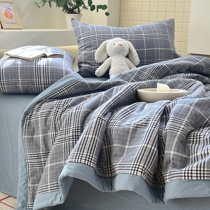 91家纺网 家纺一手货源 找家纺 春皖家纺 2026春夏新款全棉色织水洗棉夏被夏凉被空调被-云恋系列 云恋-格纹蓝