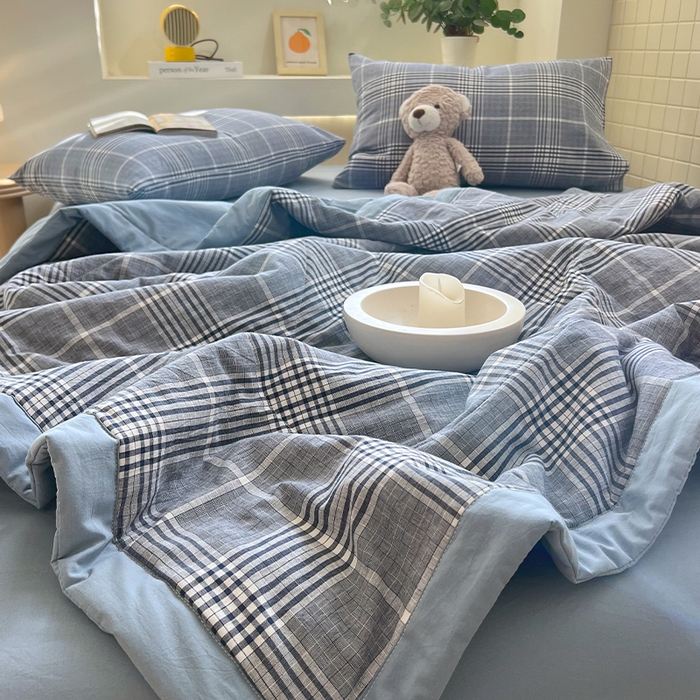 91家纺网 家纺一手货源 找家纺 春皖家纺 2026春夏新款全棉色织水洗棉夏被夏凉被空调被-云恋系列 云恋-格纹蓝