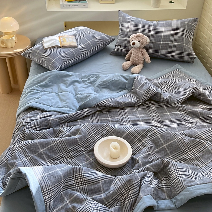 91家纺网 家纺一手货源 找家纺 春皖家纺 2026春夏新款全棉色织水洗棉夏被夏凉被空调被-云恋系列 云恋-格纹蓝