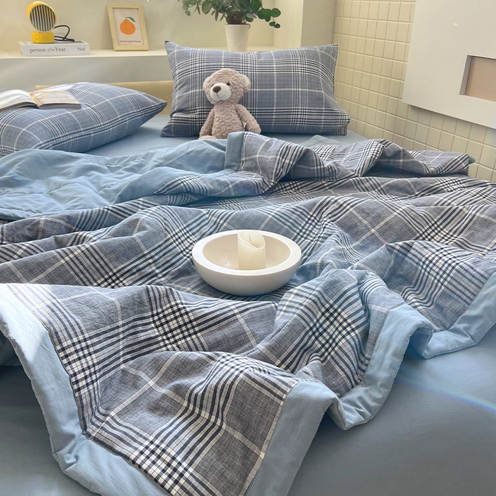 91家纺网 家纺一手货源 找家纺 春皖家纺 2026春夏新款全棉色织水洗棉夏被夏凉被空调被-云恋系列 云恋-格纹蓝