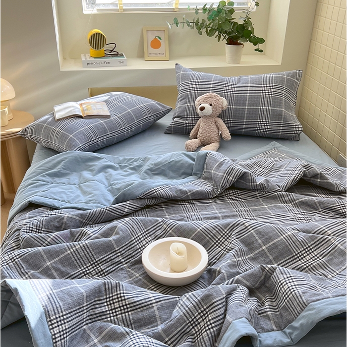 91家纺网 家纺一手货源 找家纺 春皖家纺 2026春夏新款全棉色织水洗棉夏被夏凉被空调被-云恋系列 云恋-格纹蓝