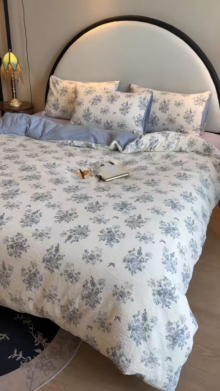 91家纺网 家纺一手货源 找家纺 美丽坊 2026新款爆款韩版泡泡纱四件套 小蓝盯