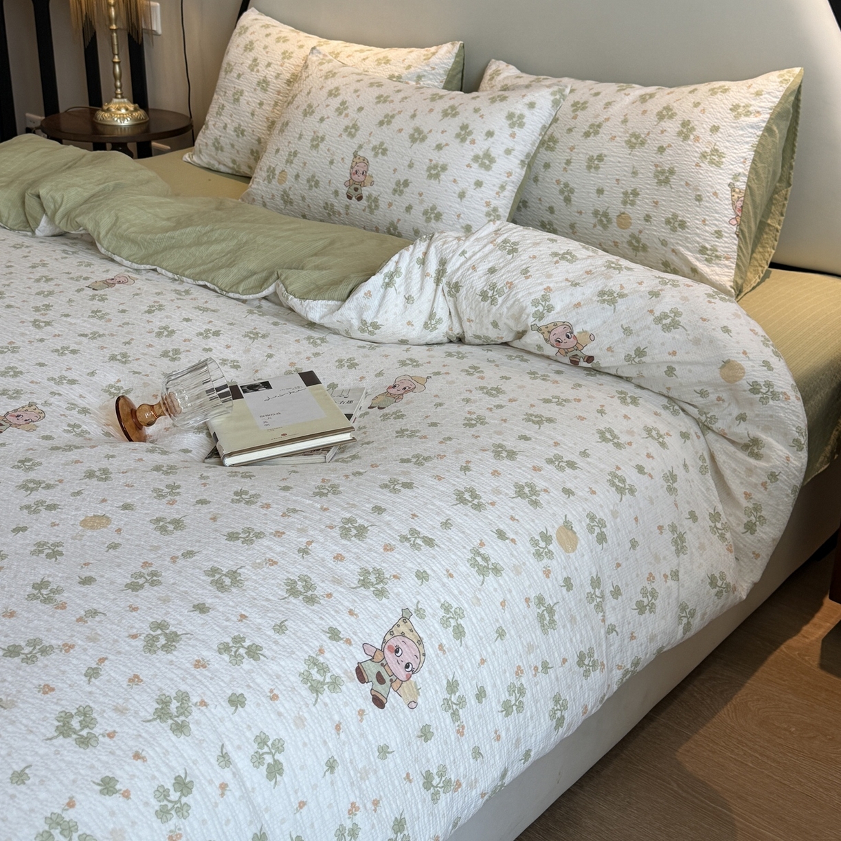 91家纺网 家纺一手货源 找家纺 美丽坊 2026新款爆款韩版泡泡纱四件套 星星人