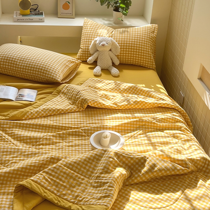 91家纺网 家纺一手货源 找家纺 春皖家纺 2026春夏新款全棉色织水洗棉夏被夏凉被空调被-云恋系列 云恋-黄小格