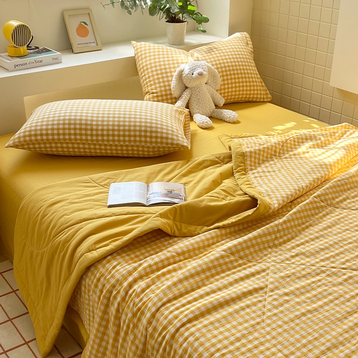 91家纺网 家纺一手货源 找家纺 春皖家纺 2026春夏新款全棉色织水洗棉夏被夏凉被空调被-云恋系列 云恋-黄小格