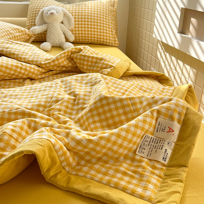 91家纺网 家纺一手货源 找家纺 春皖家纺 2026春夏新款全棉色织水洗棉夏被夏凉被空调被-云恋系列 云恋-黄小格