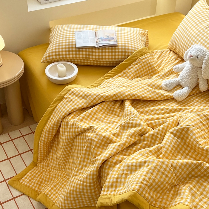 91家纺网 家纺一手货源 找家纺 春皖家纺 2026春夏新款全棉色织水洗棉夏被夏凉被空调被-云恋系列 云恋-黄小格