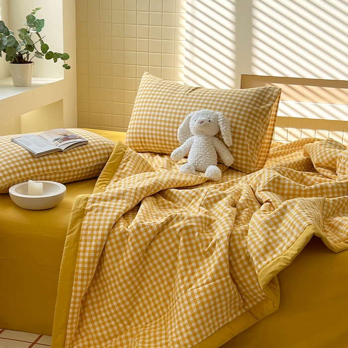 91家纺网 家纺一手货源 找家纺 春皖家纺 2026春夏新款全棉色织水洗棉夏被夏凉被空调被-云恋系列 云恋-黄小格