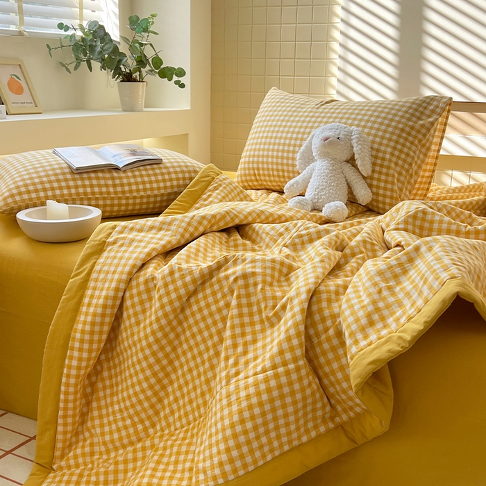 91家纺网 家纺一手货源 找家纺 春皖家纺 2026春夏新款全棉色织水洗棉夏被夏凉被空调被-云恋系列 云恋-黄小格