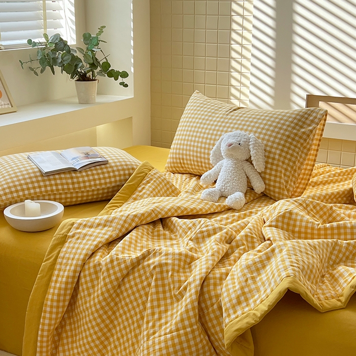 91家纺网 家纺一手货源 找家纺 春皖家纺 2026春夏新款全棉色织水洗棉夏被夏凉被空调被-云恋系列 云恋-黄小格