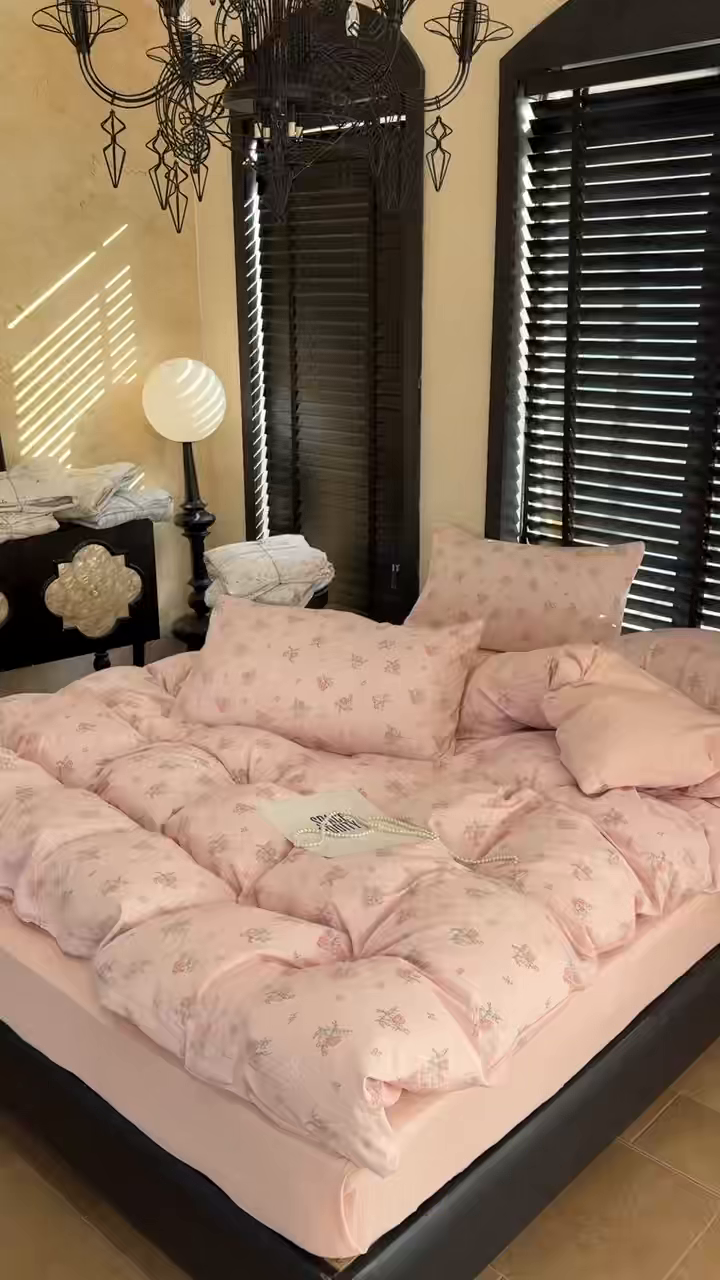 91家纺网 家纺一手货源 找家纺 美丽坊 2026新款韩系沐纱棉印花四件套 白茶