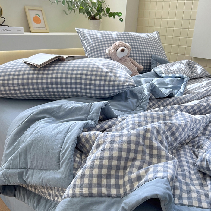 91家纺网 家纺一手货源 找家纺 春皖家纺 2026春夏新款全棉色织水洗棉夏被夏凉被空调被-云恋系列 云恋-水蓝小格