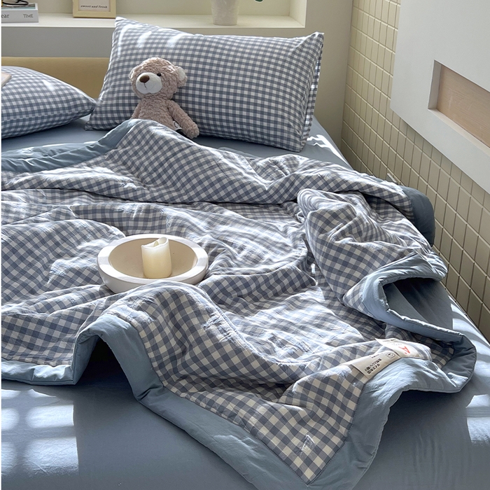 91家纺网 家纺一手货源 找家纺 春皖家纺 2026春夏新款全棉色织水洗棉夏被夏凉被空调被-云恋系列 云恋-水蓝小格