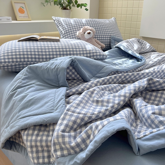 91家纺网 家纺一手货源 找家纺 春皖家纺 2026春夏新款全棉色织水洗棉夏被夏凉被空调被-云恋系列 云恋-水蓝小格