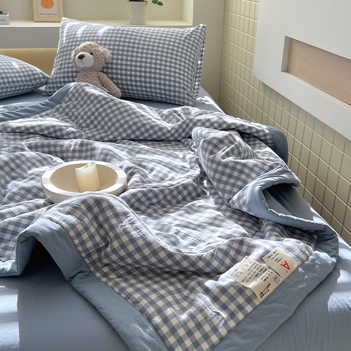 91家纺网 家纺一手货源 找家纺 春皖家纺 2026春夏新款全棉色织水洗棉夏被夏凉被空调被-云恋系列 云恋-水蓝小格