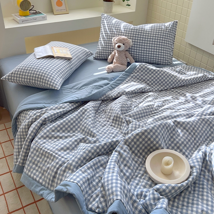 91家纺网 家纺一手货源 找家纺 春皖家纺 2026春夏新款全棉色织水洗棉夏被夏凉被空调被-云恋系列 云恋-水蓝小格