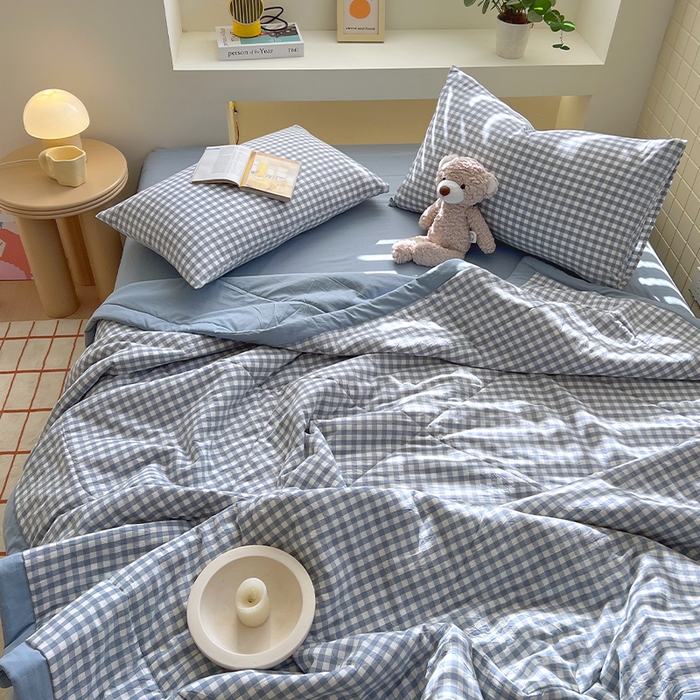 91家纺网 家纺一手货源 找家纺 春皖家纺 2026春夏新款全棉色织水洗棉夏被夏凉被空调被-云恋系列 云恋-水蓝小格