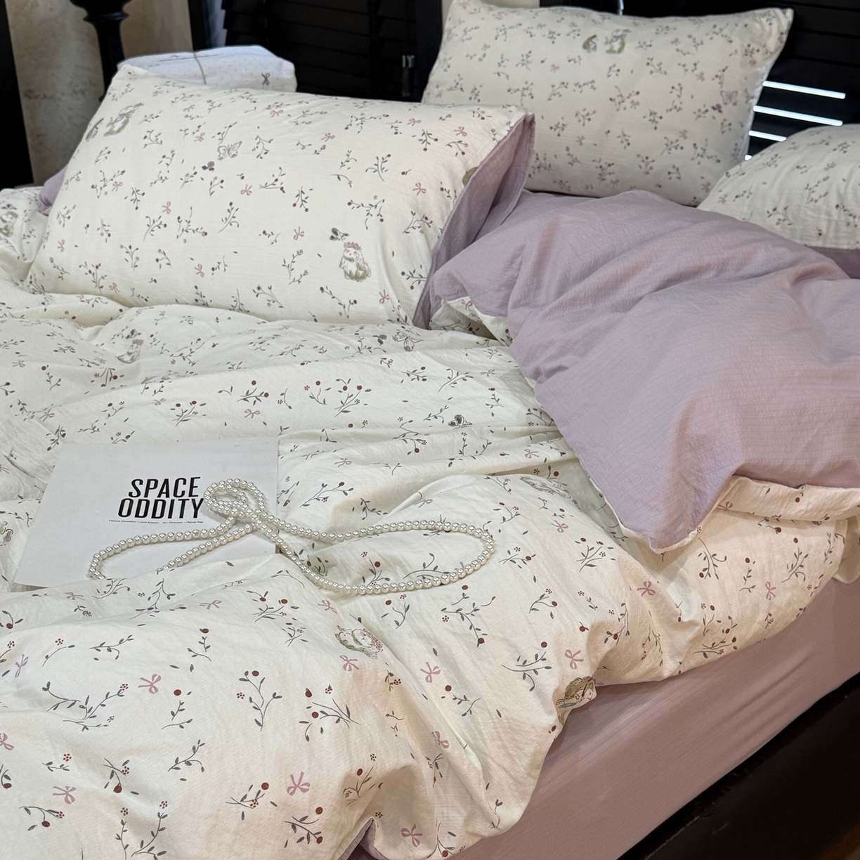 91家纺网 家纺一手货源 找家纺 美丽坊 2026新款韩系沐纱棉印花四件套 花与兔