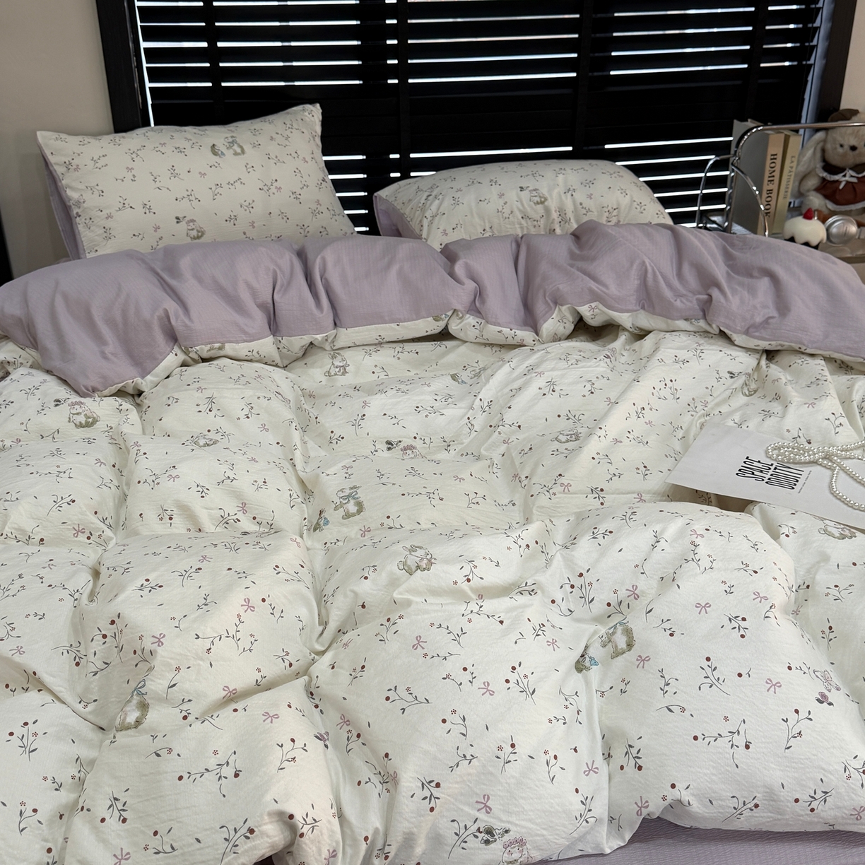 91家纺网 家纺一手货源 找家纺 美丽坊 2026新款韩系沐纱棉印花四件套 花与兔