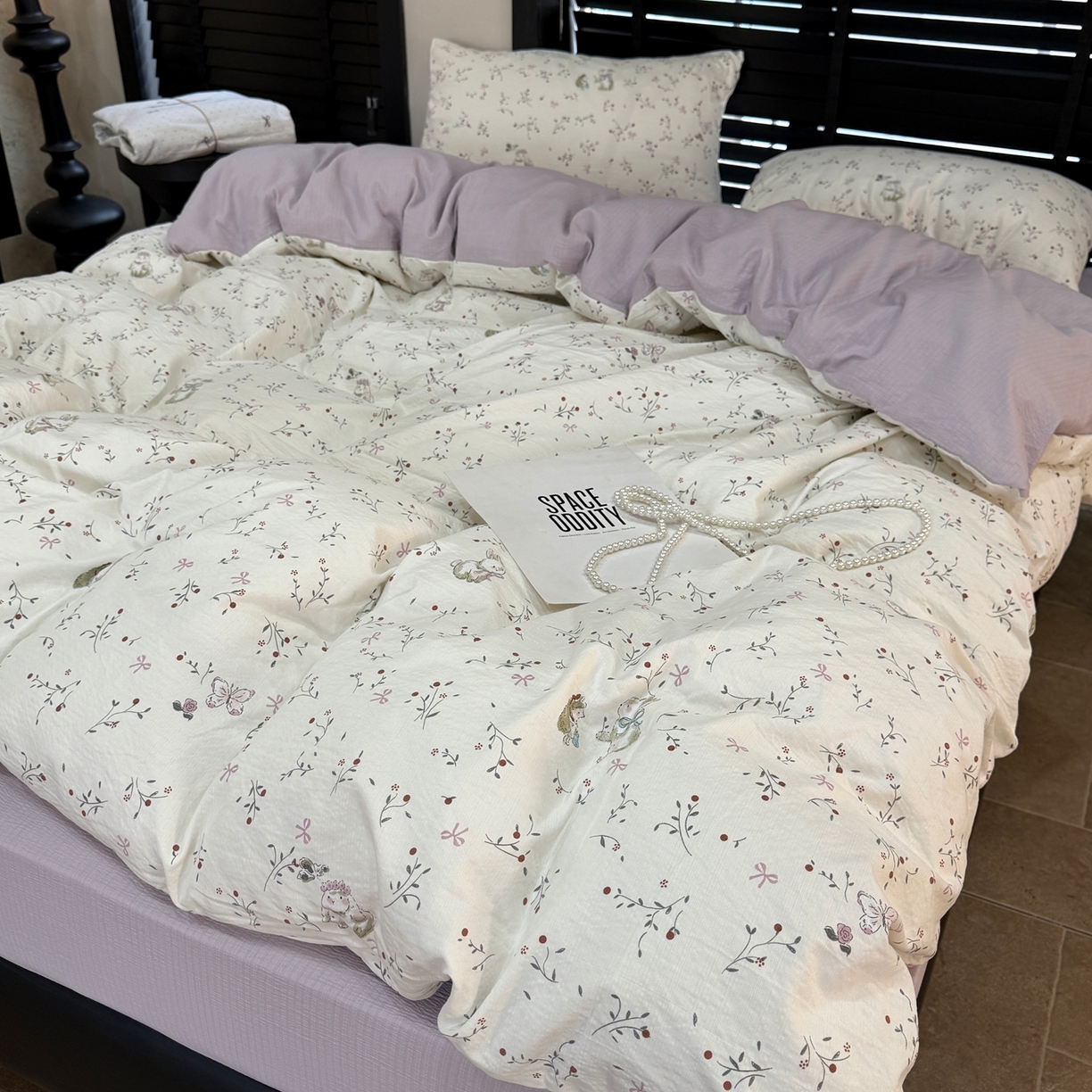 91家纺网 家纺一手货源 找家纺 美丽坊 2026新款韩系沐纱棉印花四件套 花与兔