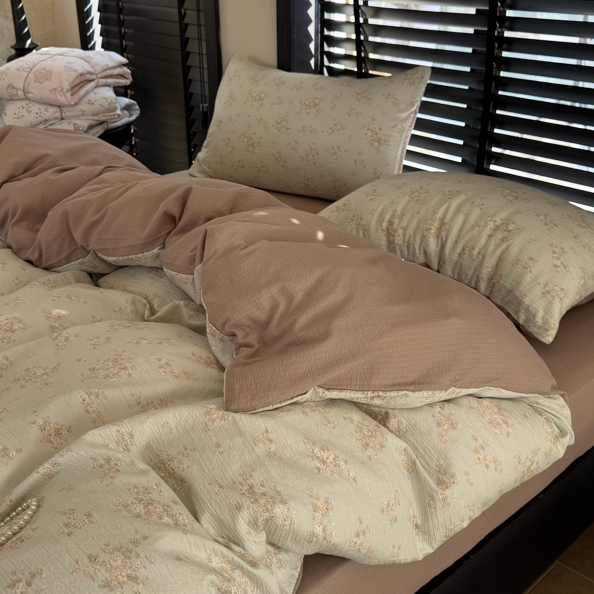 91家纺网 家纺一手货源 找家纺 美丽坊 2026新款韩系沐纱棉印花四件套 兰茵