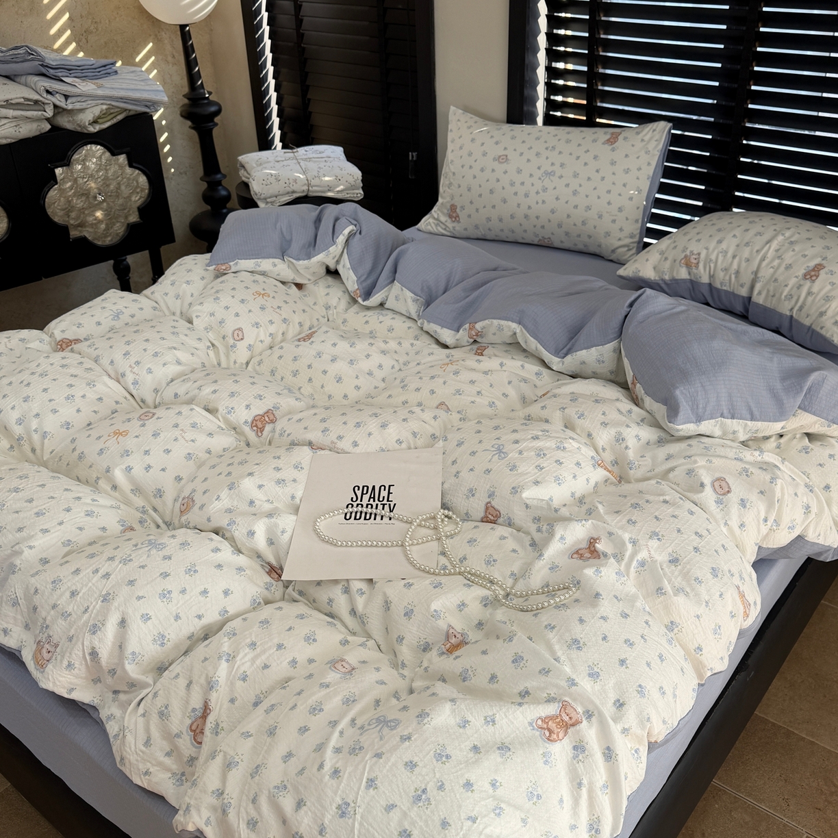 91家纺网 家纺一手货源 找家纺 美丽坊 2026新款韩系沐纱棉印花四件套 森林小熊