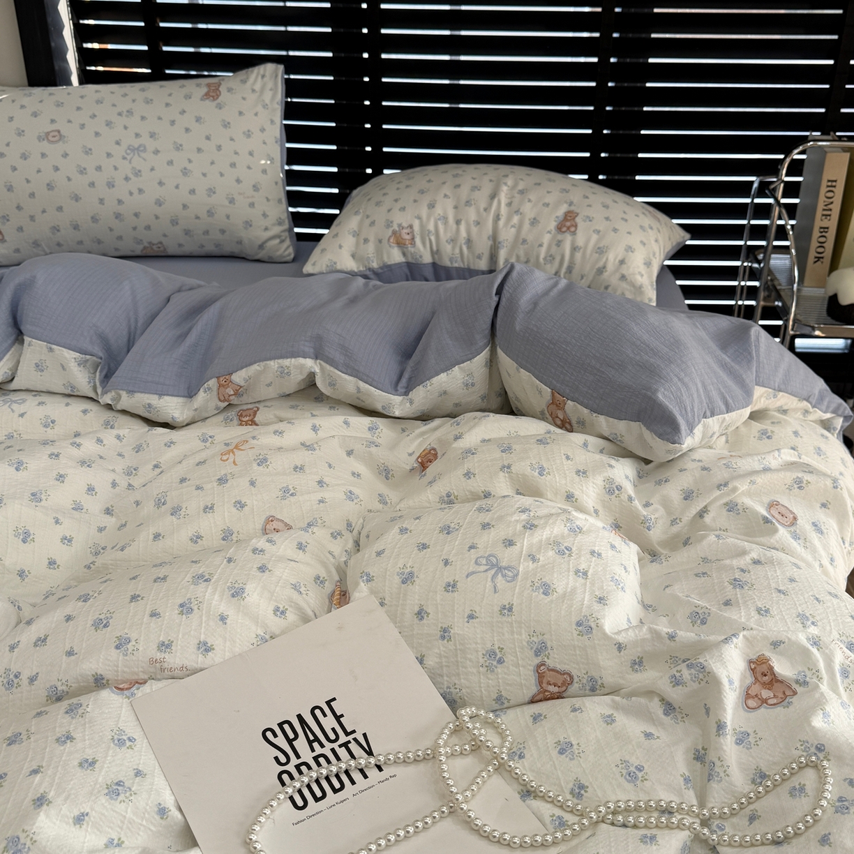 91家纺网 家纺一手货源 找家纺 美丽坊 2026新款韩系沐纱棉印花四件套 森林小熊