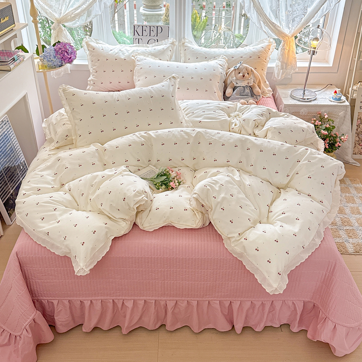 梦莱斯 2026新款ins小清风水洗棉花边床盖四件套 迷你樱桃