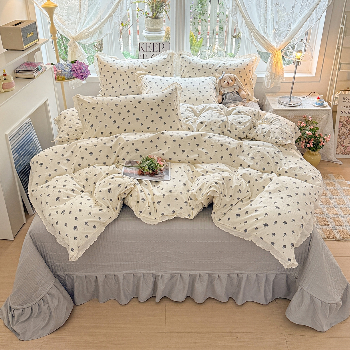 梦莱斯 2026新款ins小清风水洗棉花边床盖四件套 蘑菇莉