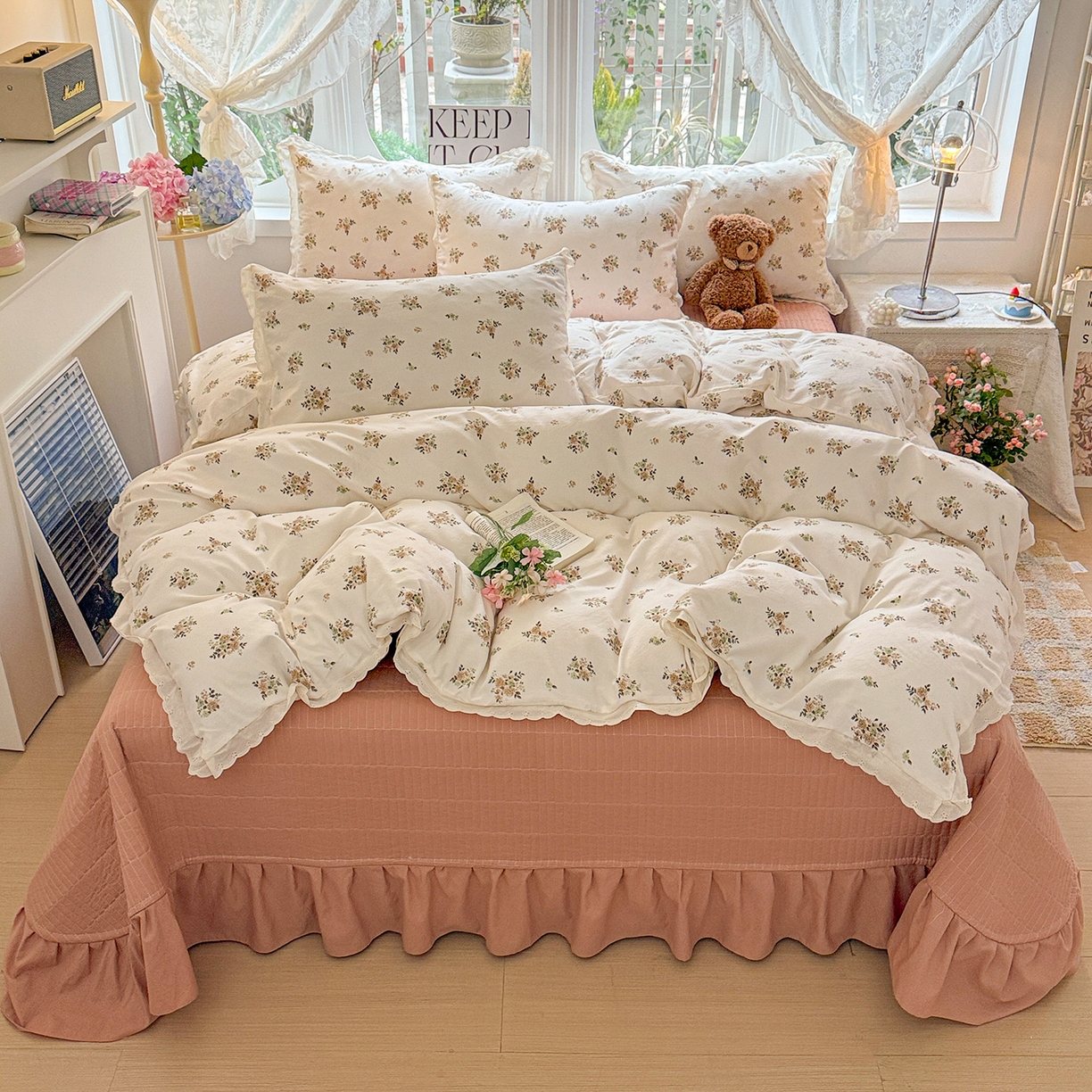 梦莱斯 2026新款ins小清风水洗棉花边床盖四件套 奶黄花笺