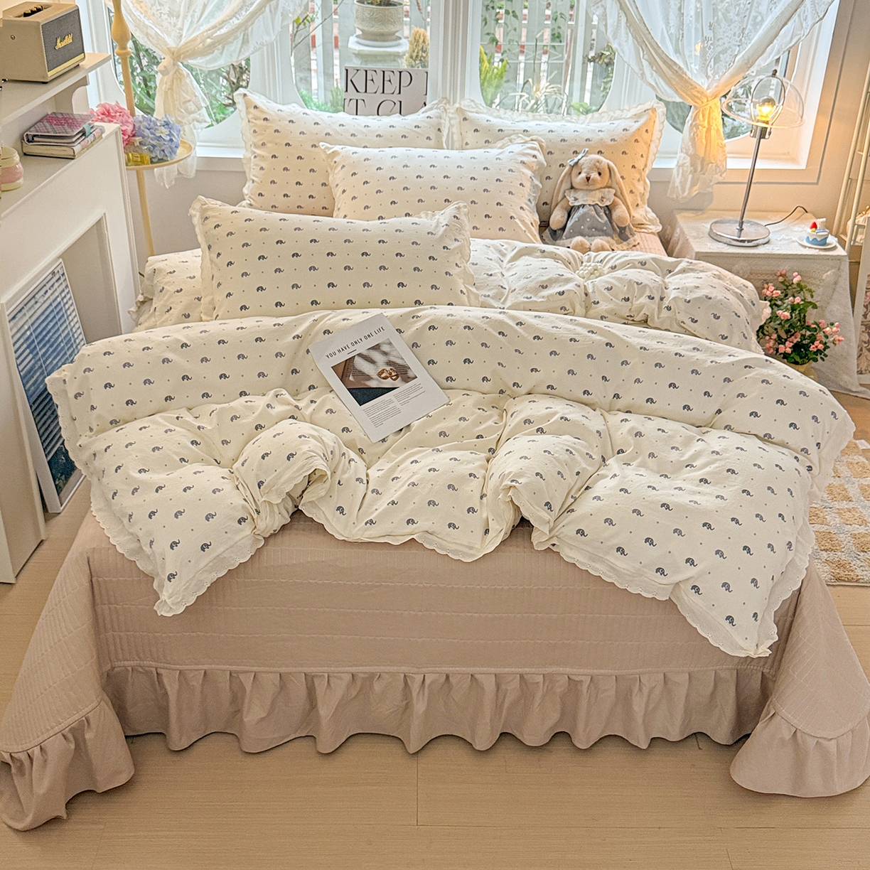 梦莱斯 2026新款ins小清风水洗棉花边床盖四件套 南语小象