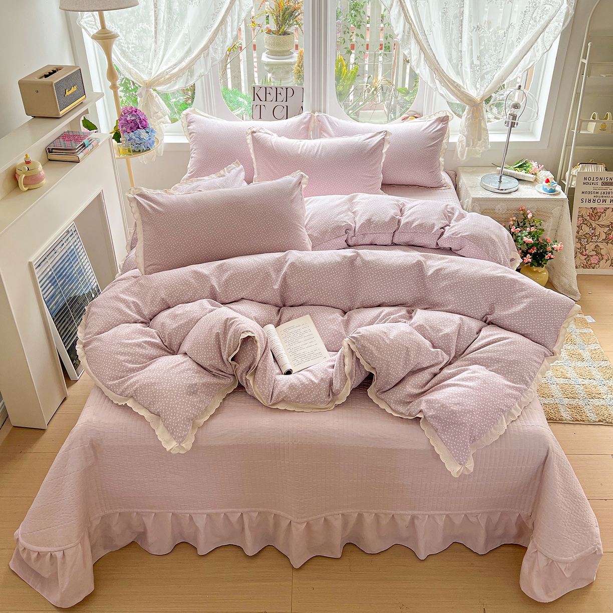 梦莱斯 2026新款ins小清风水洗棉花边床盖四件套 纱漫紫