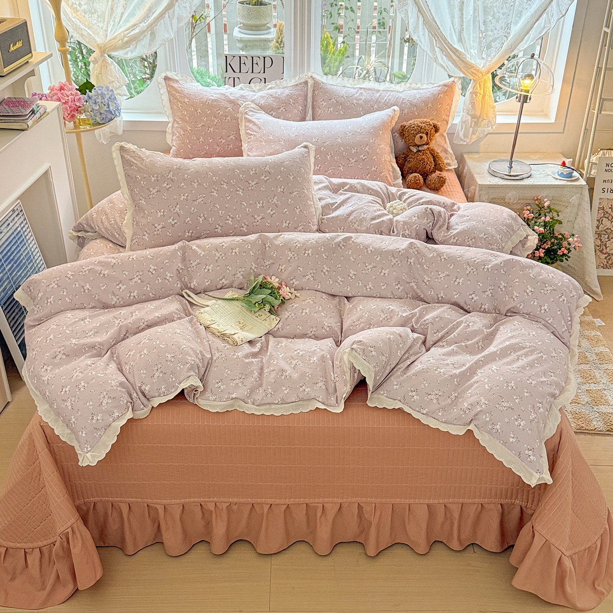 梦莱斯 2026新款ins小清风水洗棉花边床盖四件套 雾紫花漾