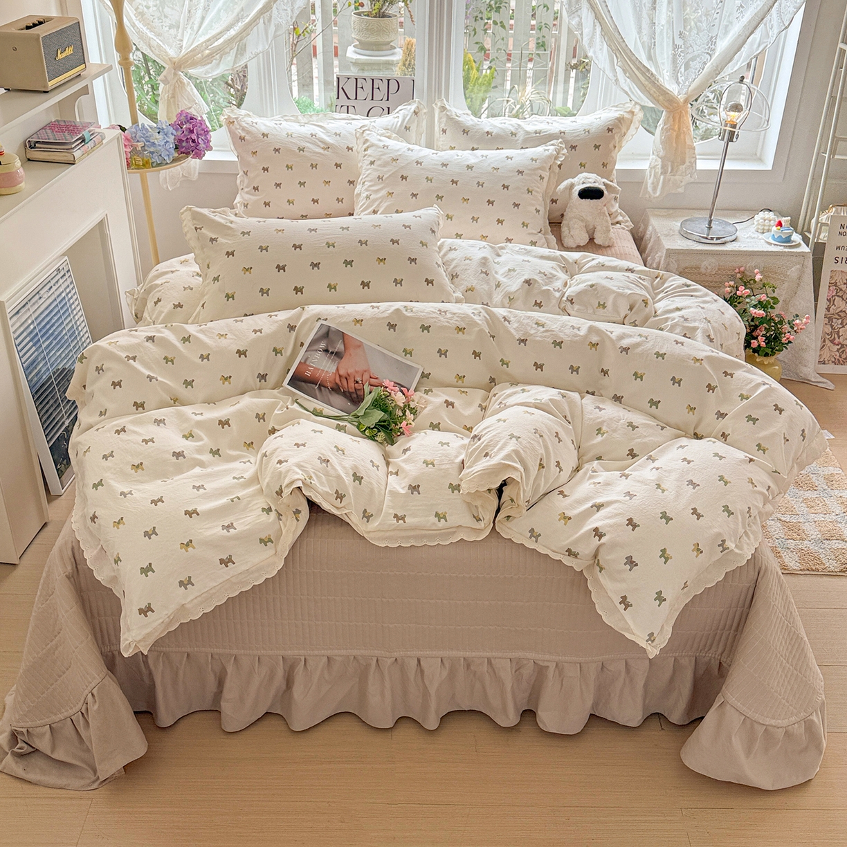 梦莱斯 2026新款ins小清风水洗棉花边床盖四件套 旋转木马