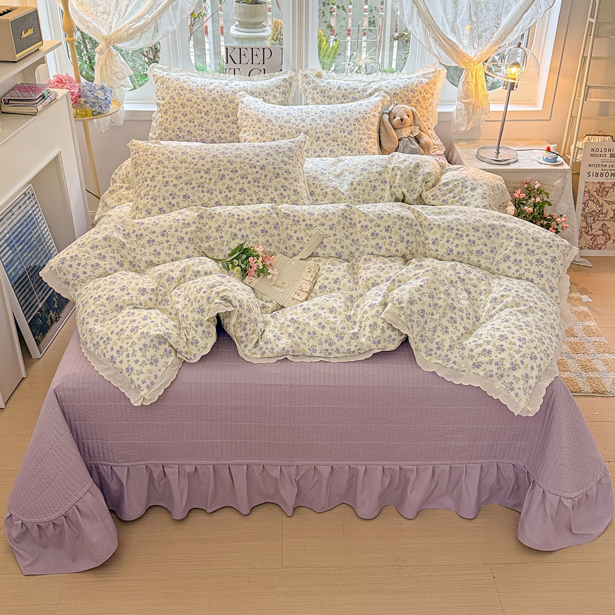 梦莱斯 2026新款ins小清风水洗棉花边床盖四件套 薰衣草信