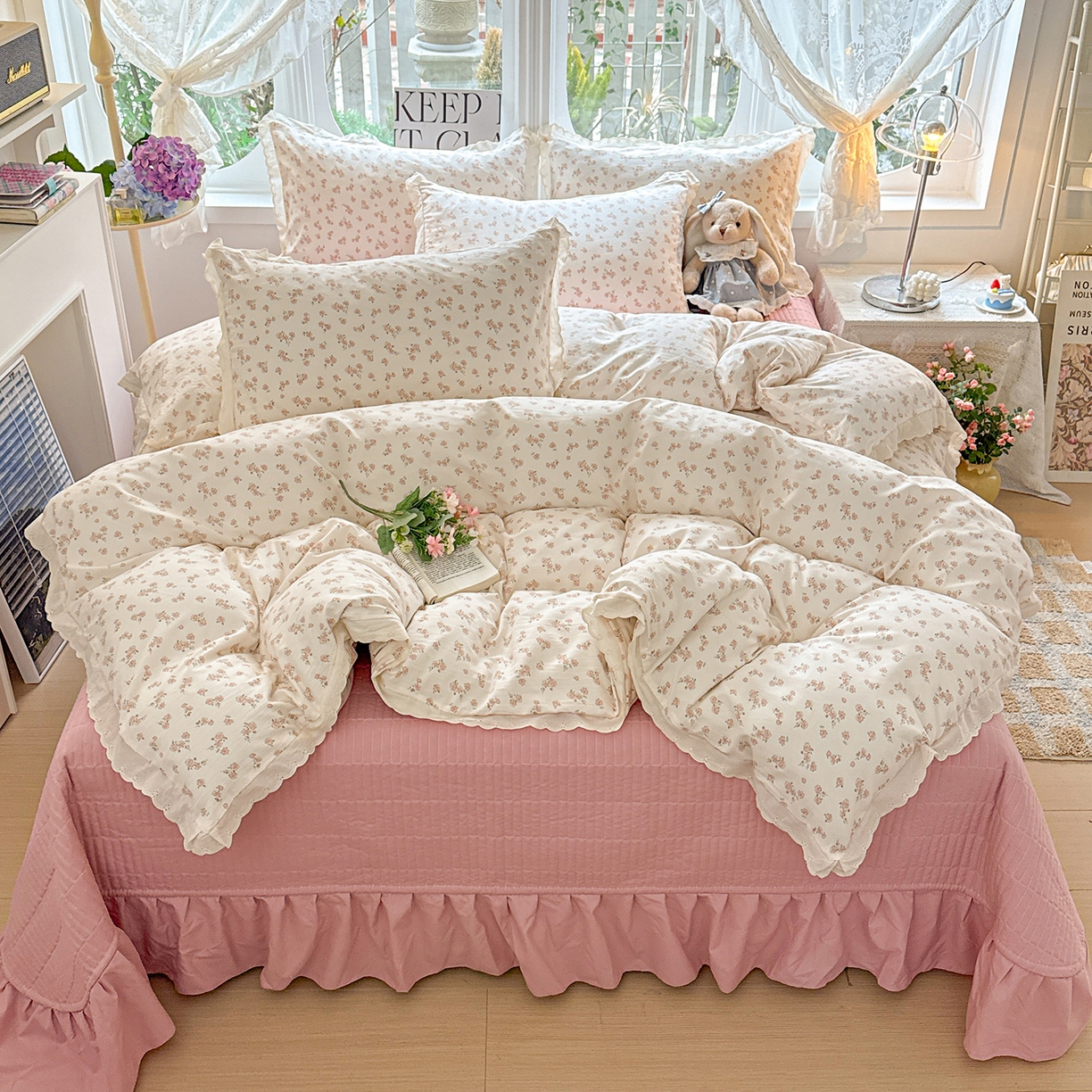 梦莱斯 2026新款ins小清风水洗棉花边床盖四件套 雅漾粉