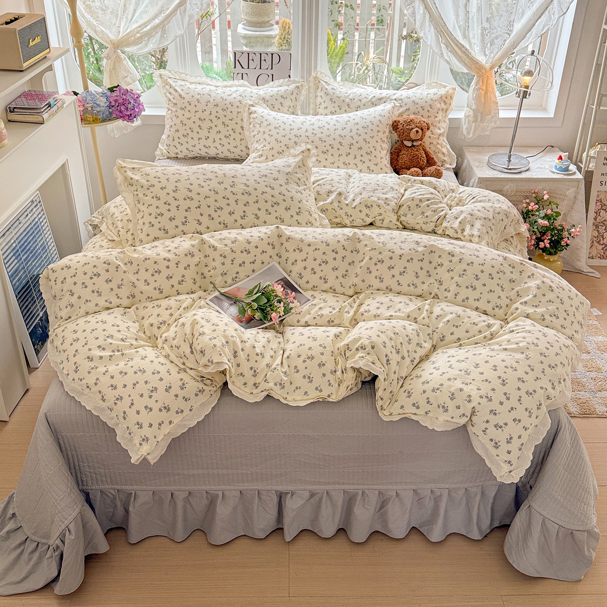 梦莱斯 2026新款ins小清风水洗棉花边床盖四件套 雅漾灰