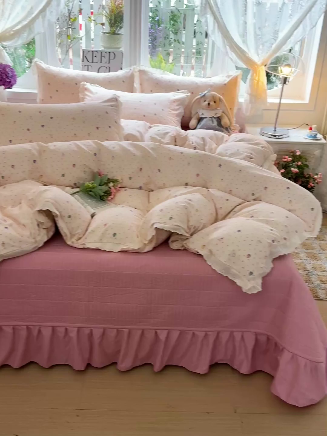 91家纺网 家纺一手货源 找家纺 （总）梦莱斯 2026新款ins小清风水洗棉花边床盖四件套