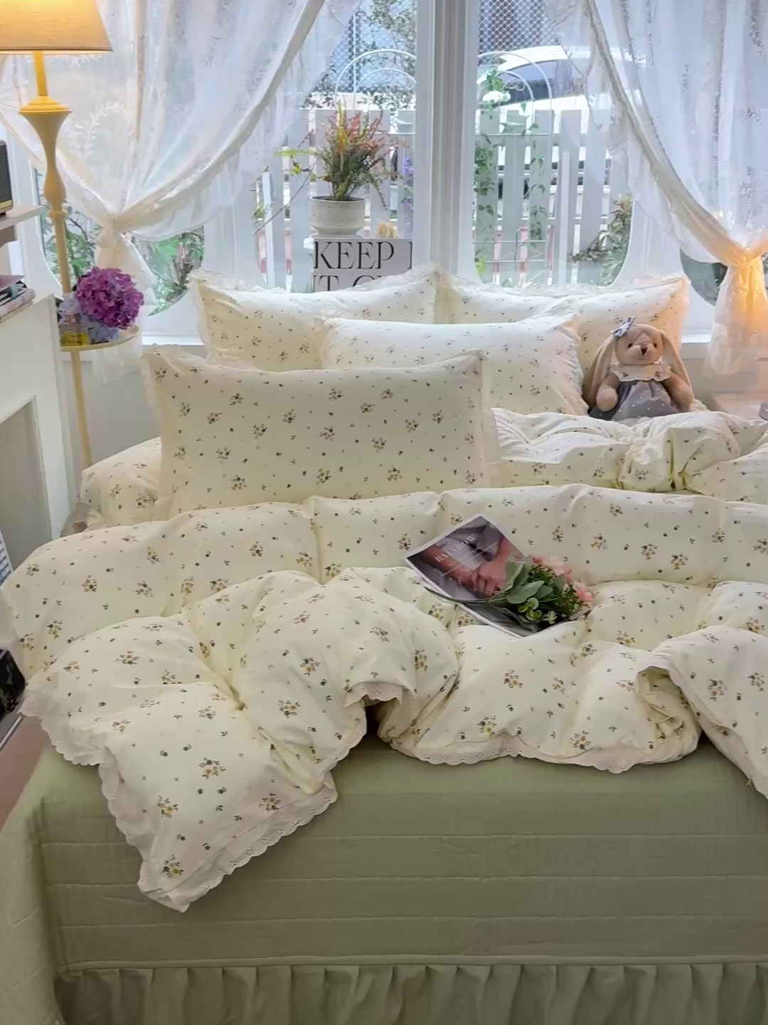 91家纺网 家纺一手货源 找家纺 梦莱斯 2026新款ins小清风水洗棉花边床盖四件套 花漫歌