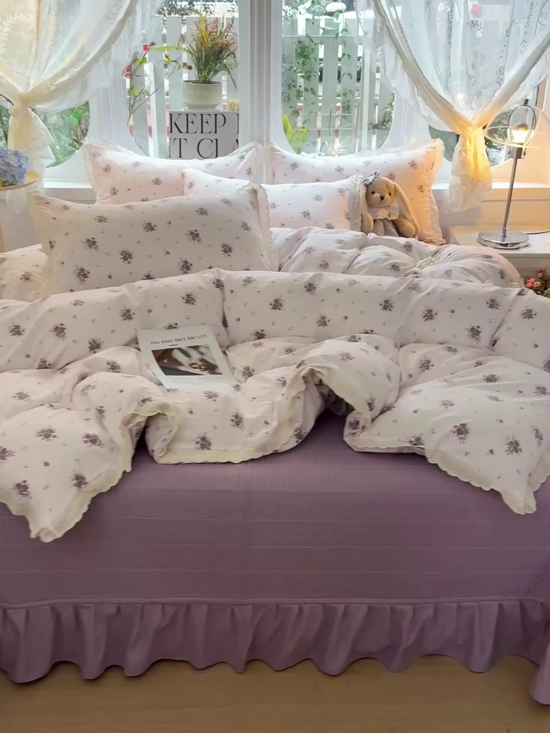 91家纺网 家纺一手货源 找家纺 梦莱斯 2026新款ins小清风水洗棉花边床盖四件套 卡迪娜