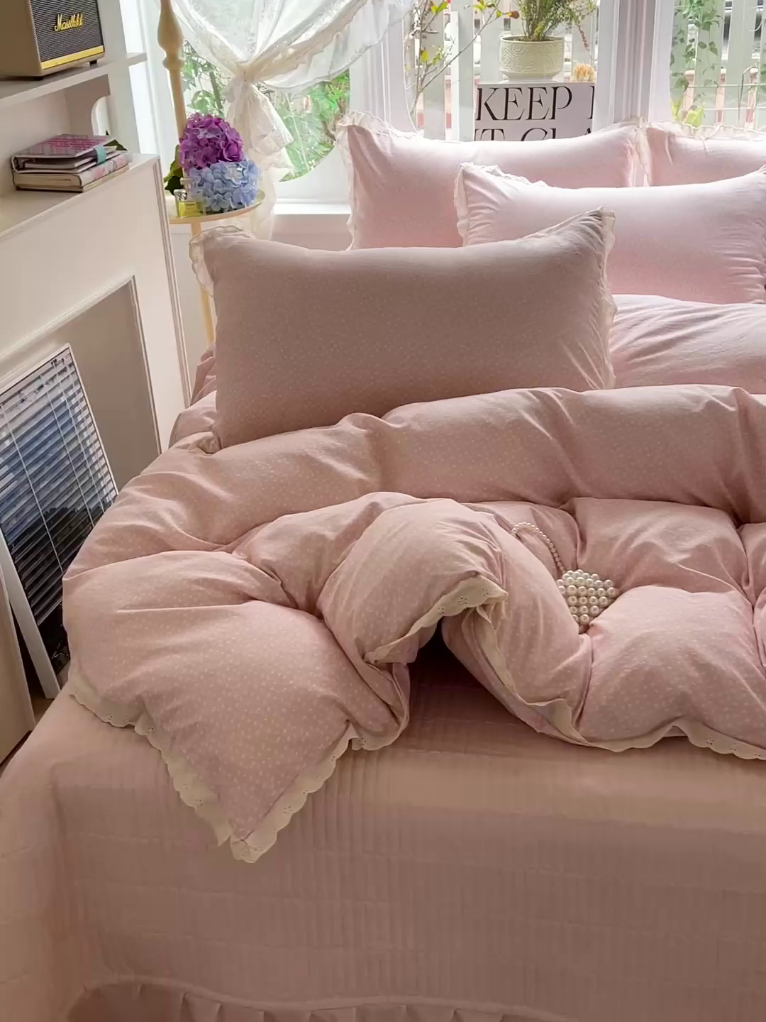 91家纺网 家纺一手货源 找家纺 梦莱斯 2026新款ins小清风水洗棉花边床盖四件套 纱漫粉