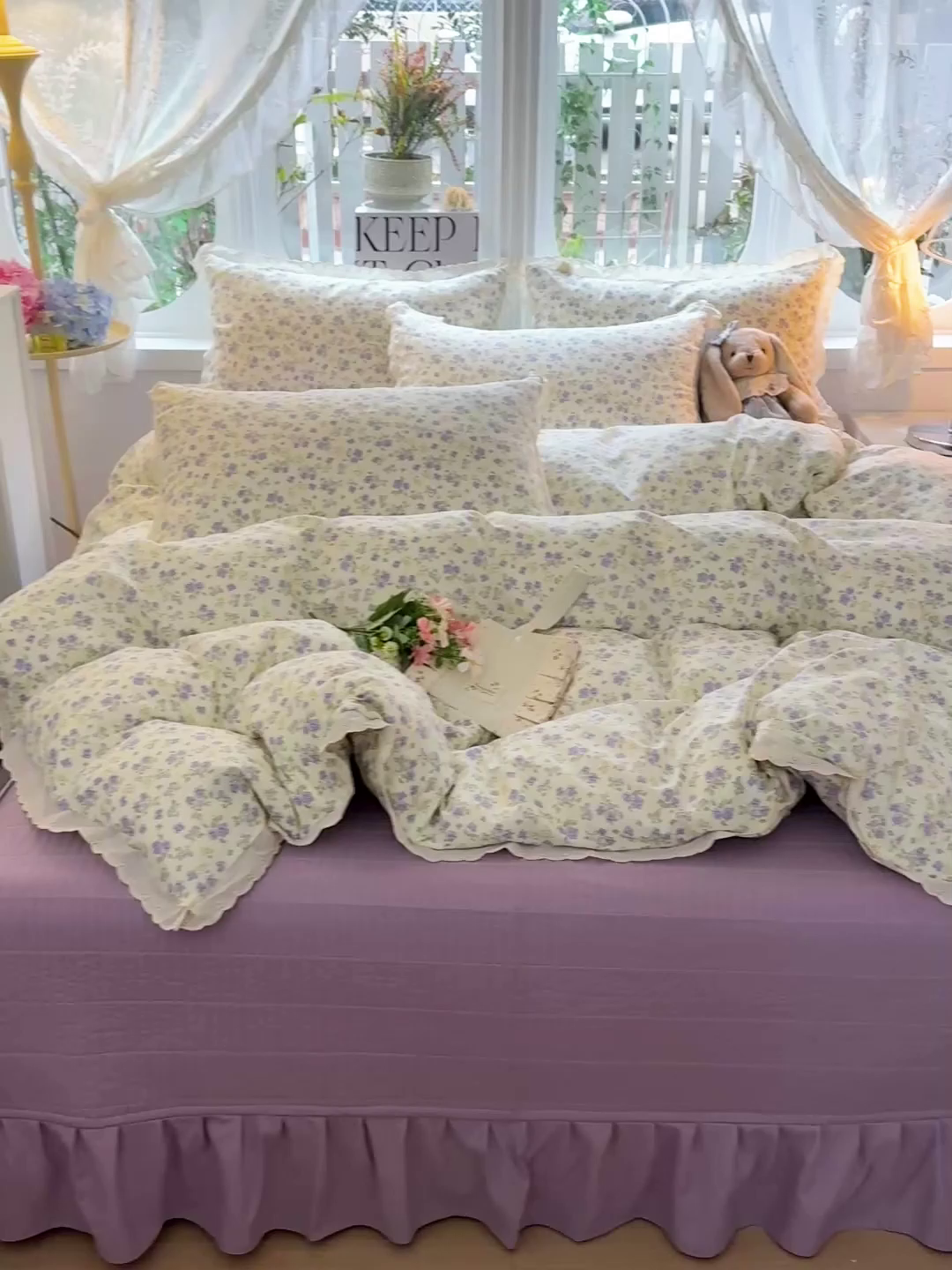 91家纺网 家纺一手货源 找家纺 梦莱斯 2026新款ins小清风水洗棉花边床盖四件套 薰衣草信