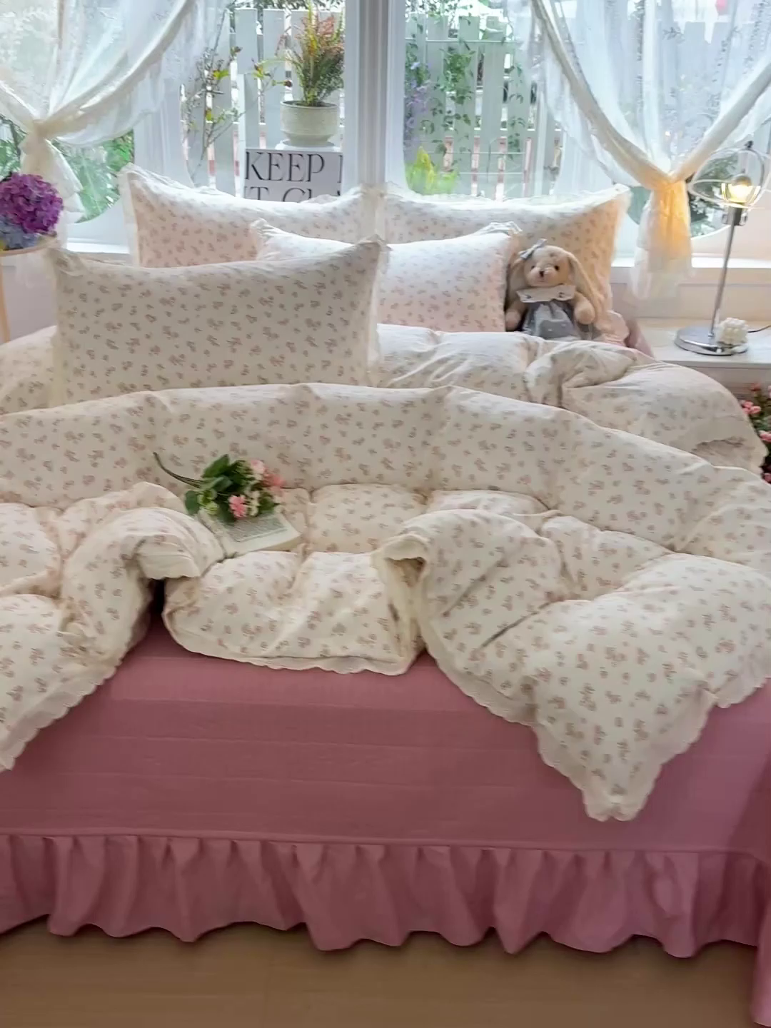 91家纺网 家纺一手货源 找家纺 梦莱斯 2026新款ins小清风水洗棉花边床盖四件套 雅漾粉