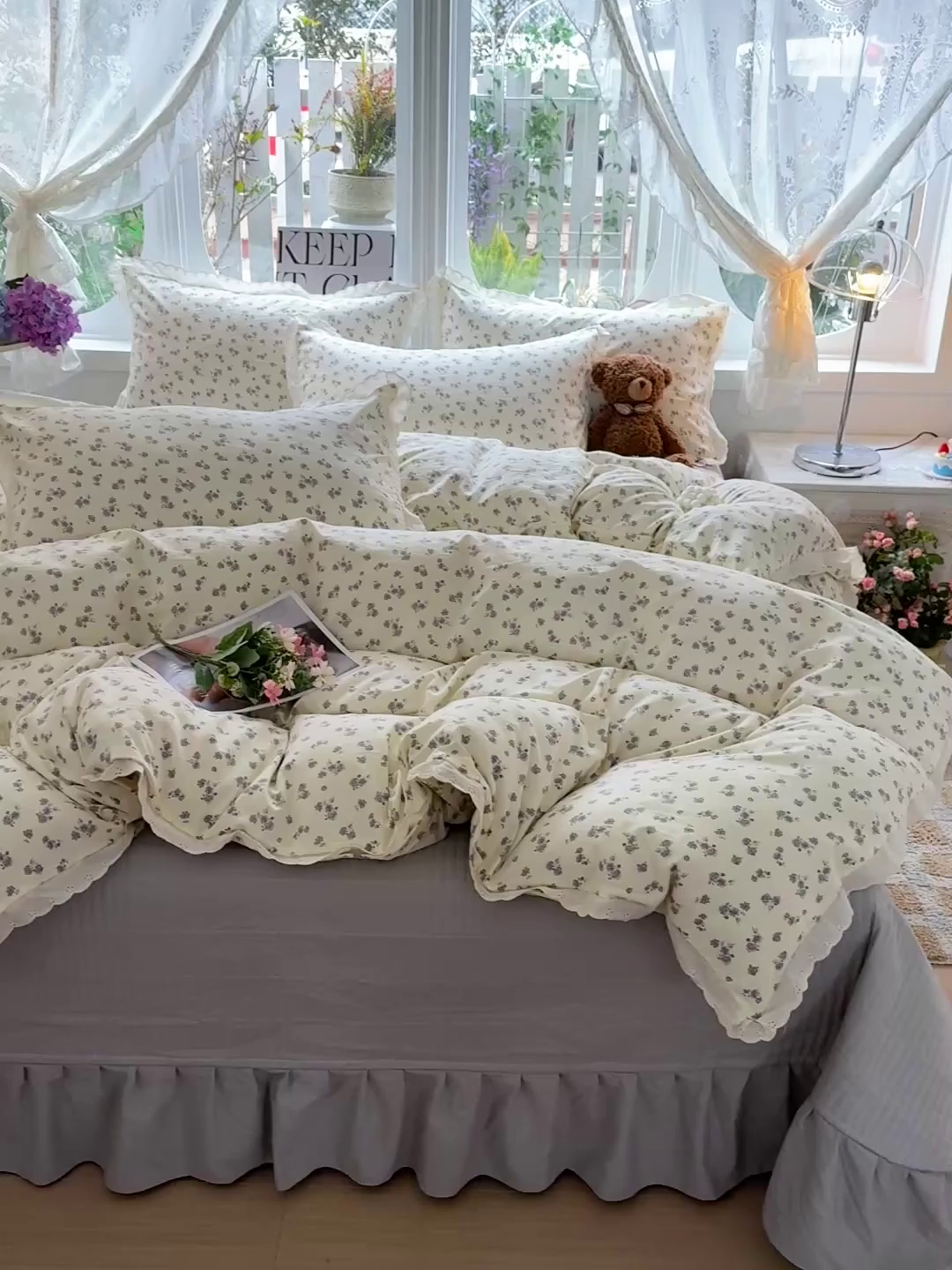 91家纺网 家纺一手货源 找家纺 梦莱斯 2026新款ins小清风水洗棉花边床盖四件套 雅漾灰