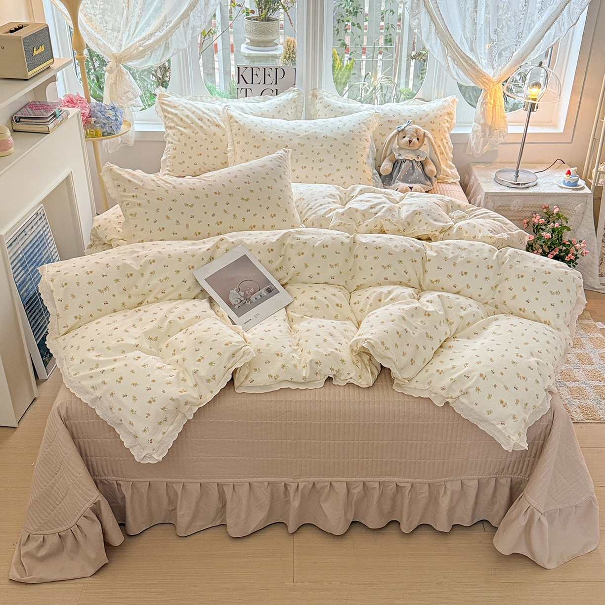 91家纺网 家纺一手货源 找家纺 （总）梦莱斯 2026新款ins小清风水洗棉花边床盖四件套