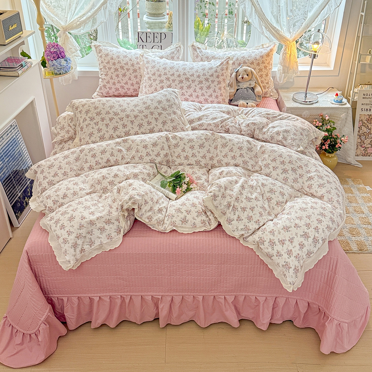 91家纺网 家纺一手货源 找家纺 （总）梦莱斯 2026新款ins小清风水洗棉花边床盖四件套