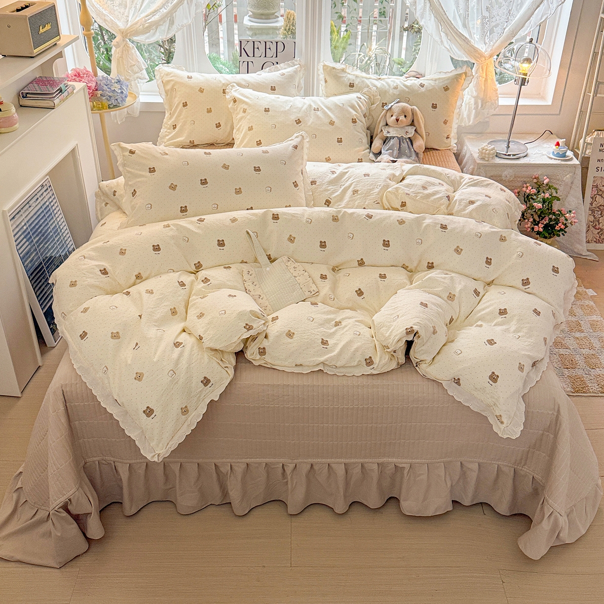 91家纺网 家纺一手货源 找家纺 （总）梦莱斯 2026新款ins小清风水洗棉花边床盖四件套