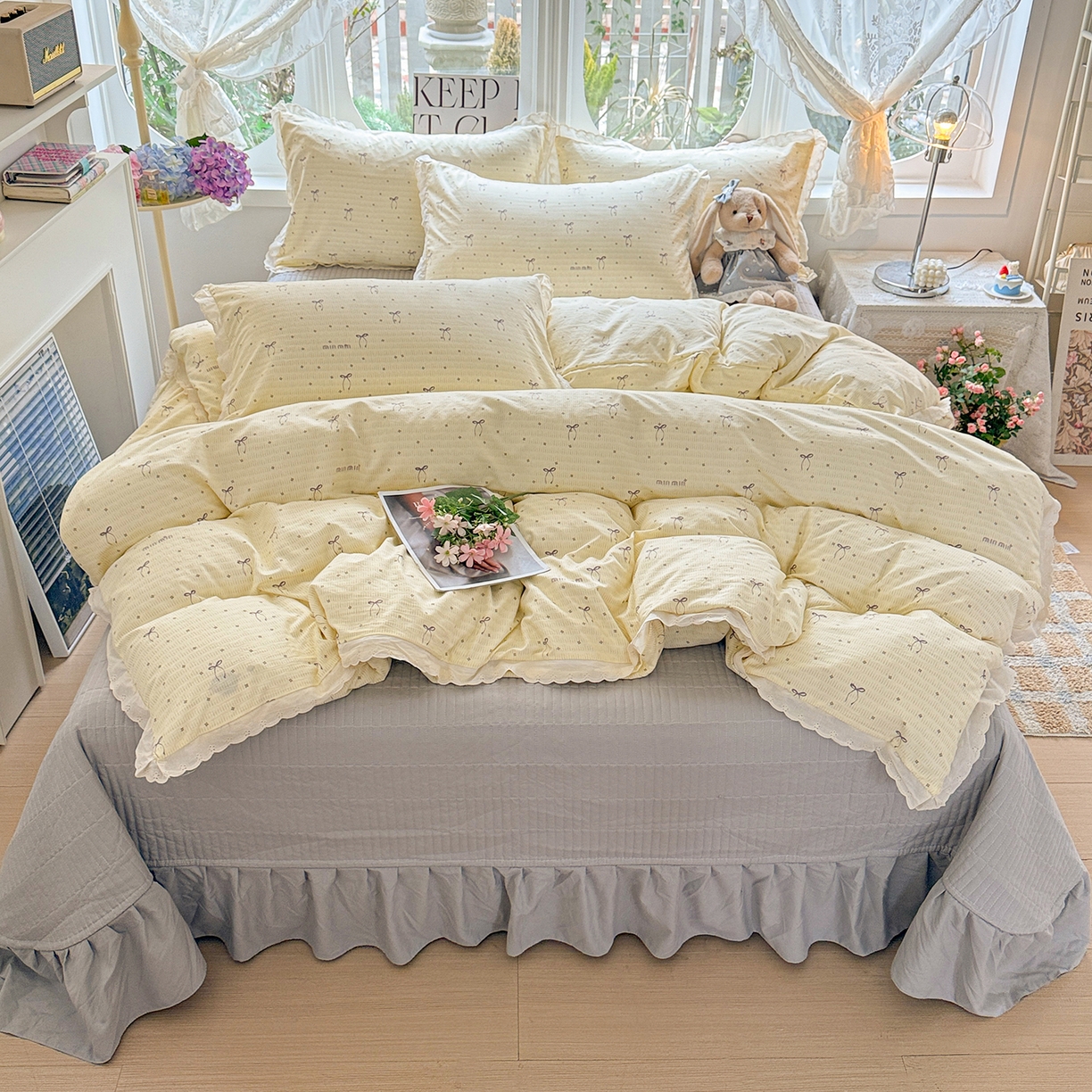 91家纺网 家纺一手货源 找家纺 （总）梦莱斯 2026新款ins小清风水洗棉花边床盖四件套